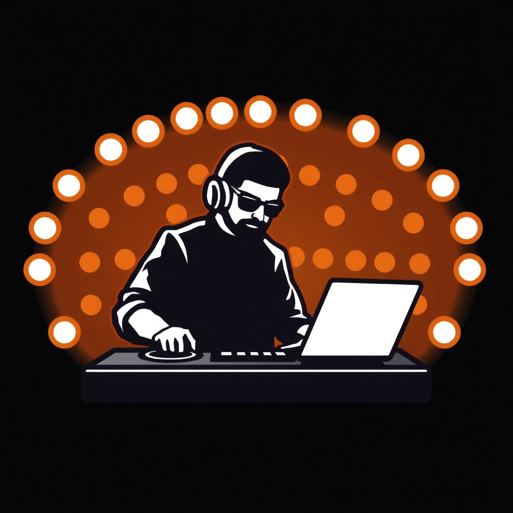 The image is an illustration of a DJ working on a laptop. The DJ is wearing a black shirt and has a beard and glasses. He is sitting at a desk with a turntable in front of him. The laptop is open and the screen is turned on. The background is black with orange circles that are arranged in a circular pattern around the DJ. The overall color scheme of the image is orange and black.