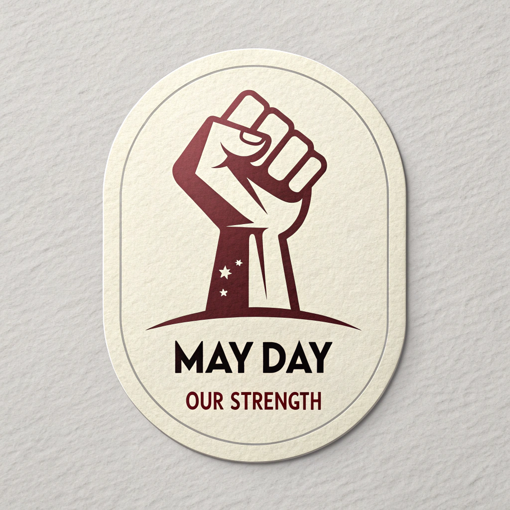 A simple icon-style sticker: A minimalist design featuring a single, bold raised fist. The text 'May Day' or the core message 'Our Strength' could be subtly integrated below or wrapped around the fist. Designed with a stark and impactful two-color scheme, such as red on a cream background or black on yellow.