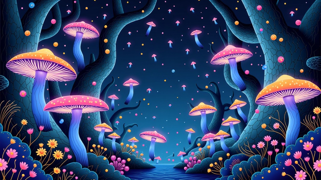 Dreamlike ancient forests illuminated by intricate, AI-designed networks of bioluminescent fungi, otherworldly plants, and subtle spiritual entities.