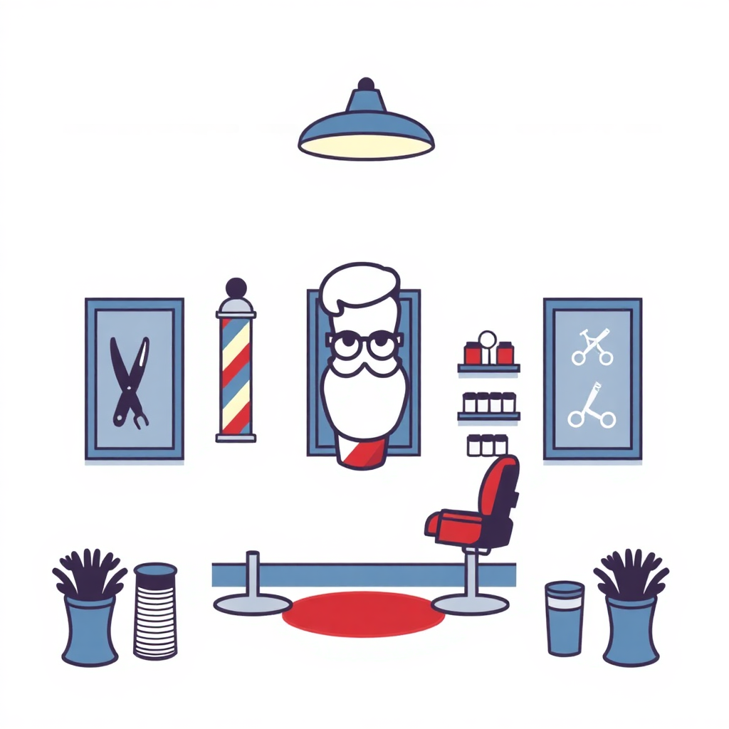 The image is an illustration of a barber shop interior. The background is white and there are various barber tools and equipment scattered around the room. On the left side of the image, there is a pair of scissors hanging on a wall, a red and white striped barber pole, and a red chair with a black seat. Next to the chair, there are two blue vases with black hair clips in them. In the center of the room, there appears to be a red rug on the floor. Above the chair is a blue pendant light hanging from the ceiling. The overall style of the illustration is flat and cartoon-like.