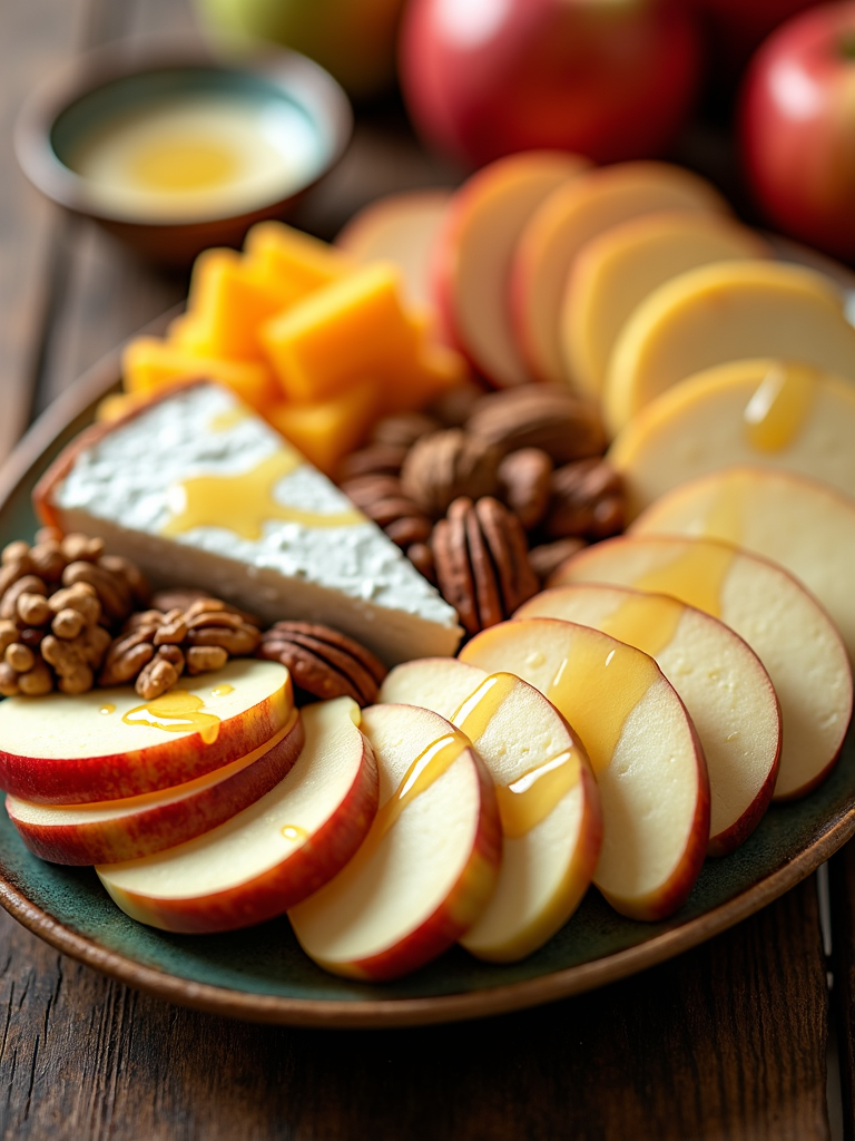 A platter featuring a variety of apple slices (such as Honeycrisp, Fuji, and Granny Smith) paired with a selection of cheeses, such as brie, cheddar, and gouda. Consider adding some nuts (like walnuts or pecans) and a drizzle of honey for extra flavor.