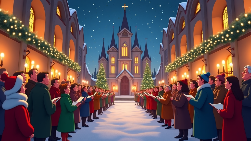 A peaceful animated cathedral adorned with Christmas lights, snow gently kissing its spires. Inside, a choir sings carols, their voices echoing through the grand hall, while townspeople gather for a midnight Mass service, basking in the warmth and unity of the festive gathering.