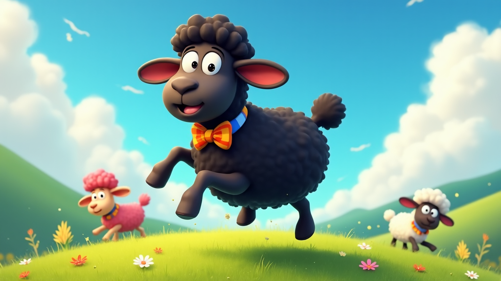 The image shows a cartoon sheep running in a field with three other sheep, surrounded by lush green grass, vibrant flowers, rolling hills, and fluffy white clouds in a bright blue sky.