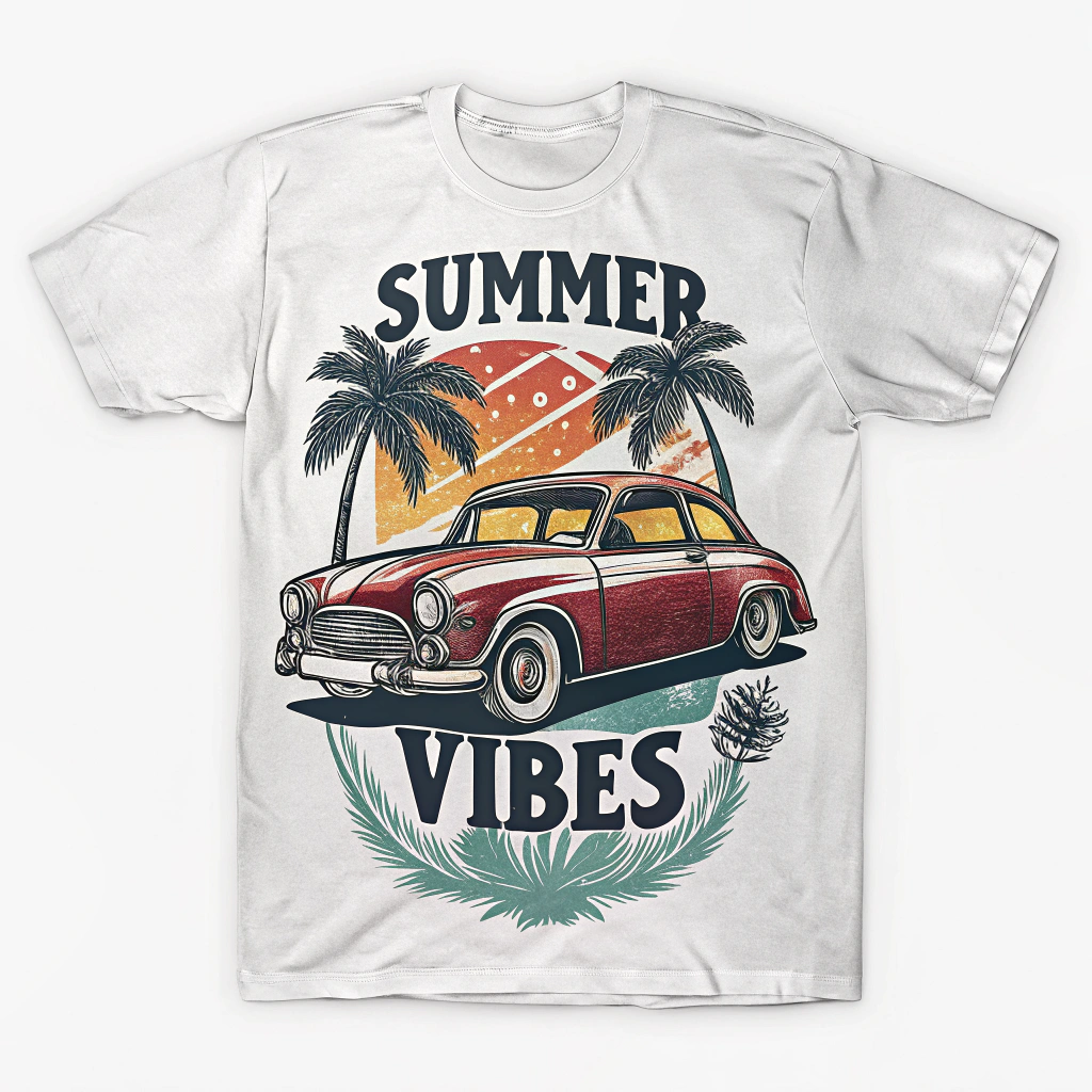 The image is of a white t-shirt with a graphic design on the front. The design features a red vintage car with palm trees and a sunset in the background. The car is in the center of the design, with the words Summer Vibes written above it in a cursive font. Below the car, there is a wreath of green leaves and pineapples. The overall design has a tropical and summery feel to it.