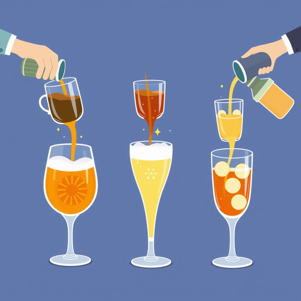 Pouring Party: Animated sequence of various beverages (e.g., coffee, tea, juice, soda, cocktail) being poured into distinctive glasses. Each pour is unique, accompanied by subtle celebratory elements like small sparkles or gentle steam effects.