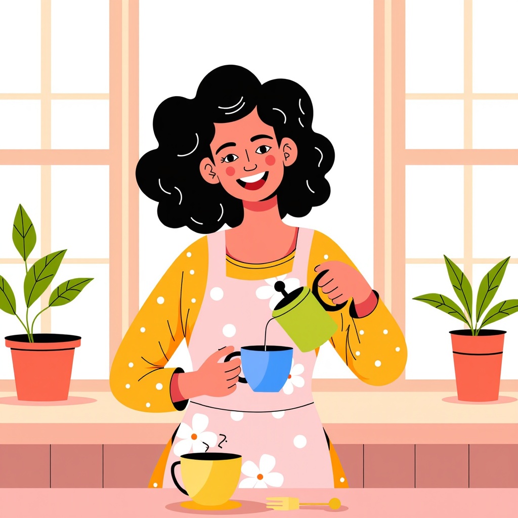  a young woman with curly black hair and a big smile on her face, wearing a yellow apron with white polka dots and a pink apron. She is standing in front of a window with two potted plants on either side of her. The woman is holding a teapot and pouring tea into a blue cup with a green handle. There is a yellow teacup and saucer on the table next to her, and a fork and knife on the countertop. The background is a light pink color. The overall style of the illustration is flat and cartoon-like.