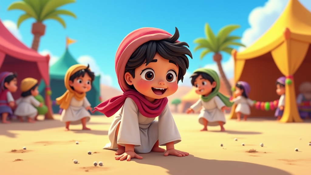 A cartoon featuring a Qatari child character engaging in traditional Qatari games, like 'Al Dahroy,' with vibrant colors and simple animation.