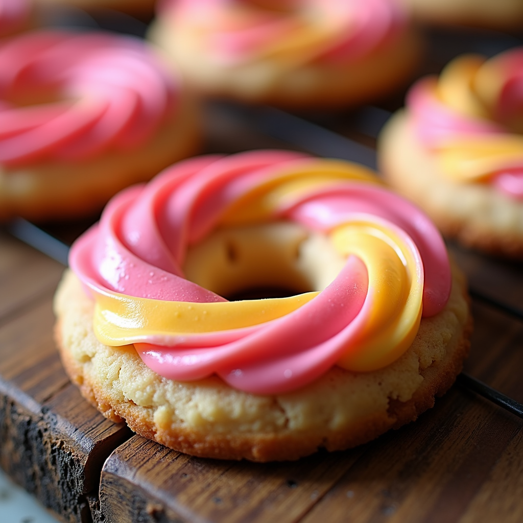 A circular cookie with a swirl of pink and yellow glaze