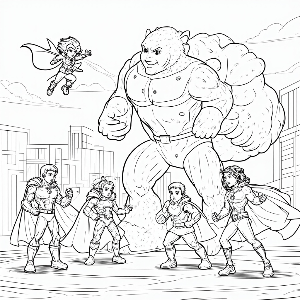 A scene where the superhero team is facing a giant, uncolored monster, encouraging kids to get creative with the monster's design.