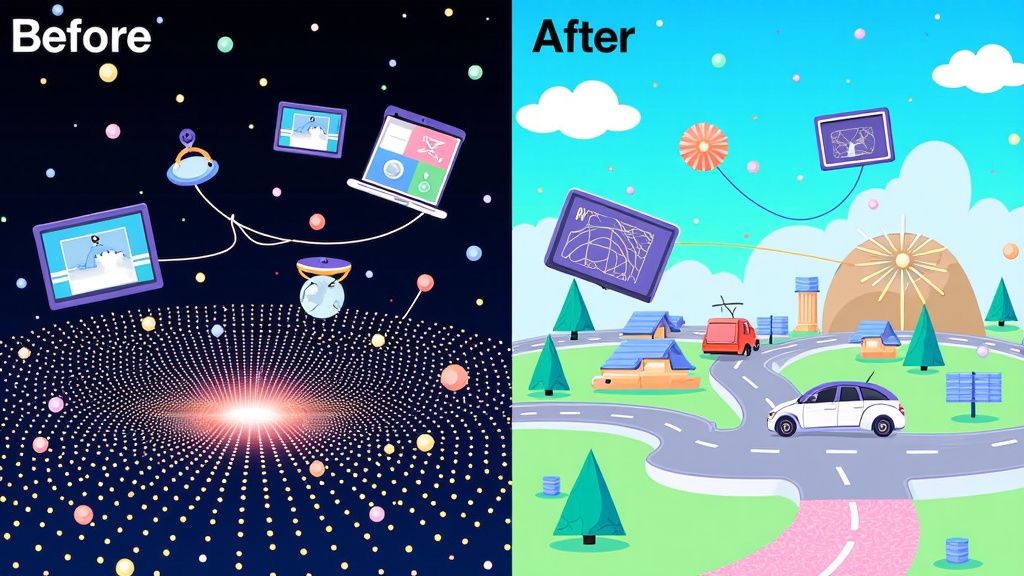 A 'before and after' AI vision concept: one panel shows the raw data collected by the sensors (e.g., point clouds, camera feeds), and the adjacent panel shows how the AI interprets this data to create a clear, navigable understanding of the environment (e.g., identifying objects, predicting paths).