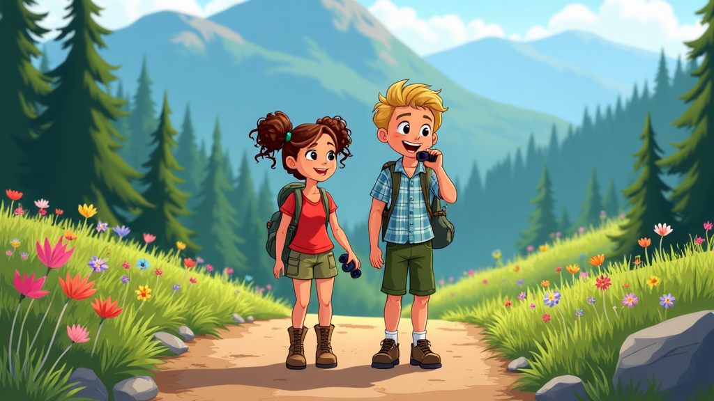 A cartoon couple hiking up a mountain trail, carrying backpacks and stopping to admire the expansive view with binoculars.