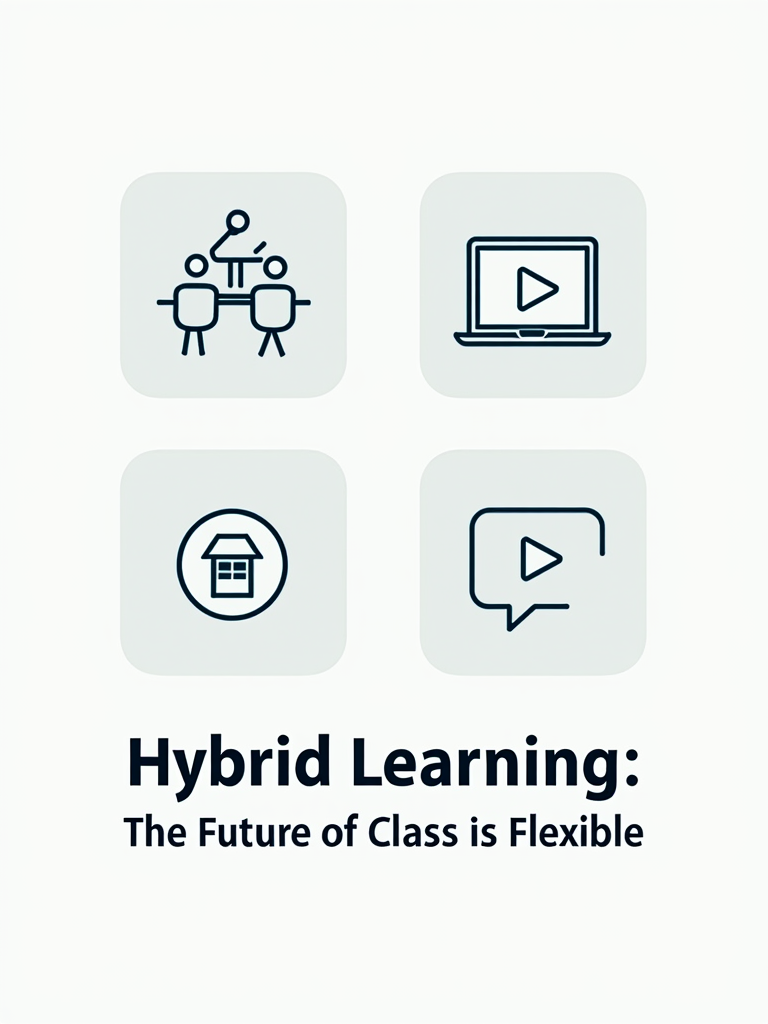 Design 3: 'Interactive Icons' - A minimalist design featuring a grid of distinct icons: a physical classroom, a laptop, a calendar (for scheduling flexibility), a video play button, and a speech bubble for collaboration. The main slogan 'Hybrid Learning: The Future of Class is Flexible' is typeset cleanly below.
