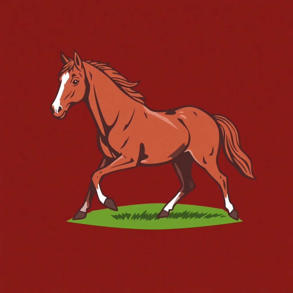 The image is a digital illustration of a brown horse running on a green grassy field. The horse is in motion, with its legs stretched out and its head turned to the side. Its mane and tail are flowing in the wind, and its eyes are focused on something in the distance. The background is a solid red color, and the horse is outlined in white. The overall style of the illustration is simple and cartoon-like.