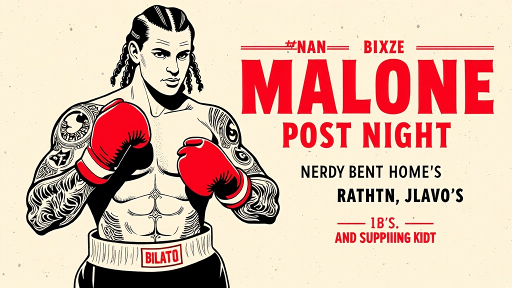 50s/60s Boxing Fight Night Style: Employ bold, blocky lettering, a limited color scheme (e.g., red, black, off-white paper texture), and feature Post Malone in a dynamic, central illustration akin to a headline fighter, with supporting acts listed like an undercard.