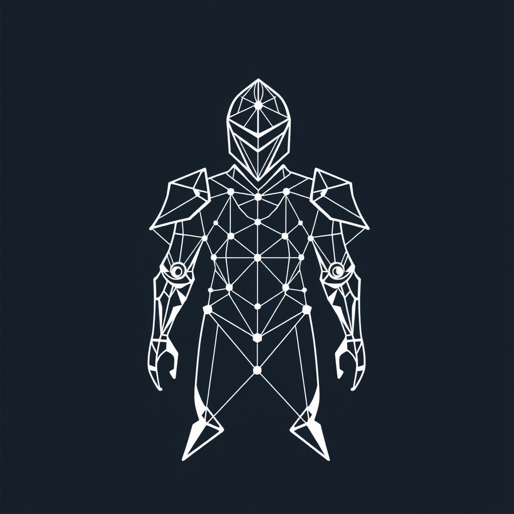 Abstract Knight Form: A minimalist depiction of a knight's upper body or a vigilant stance, constructed from interconnected geometric shapes, nodes, and sharp lines, suggesting a digital network guardian.