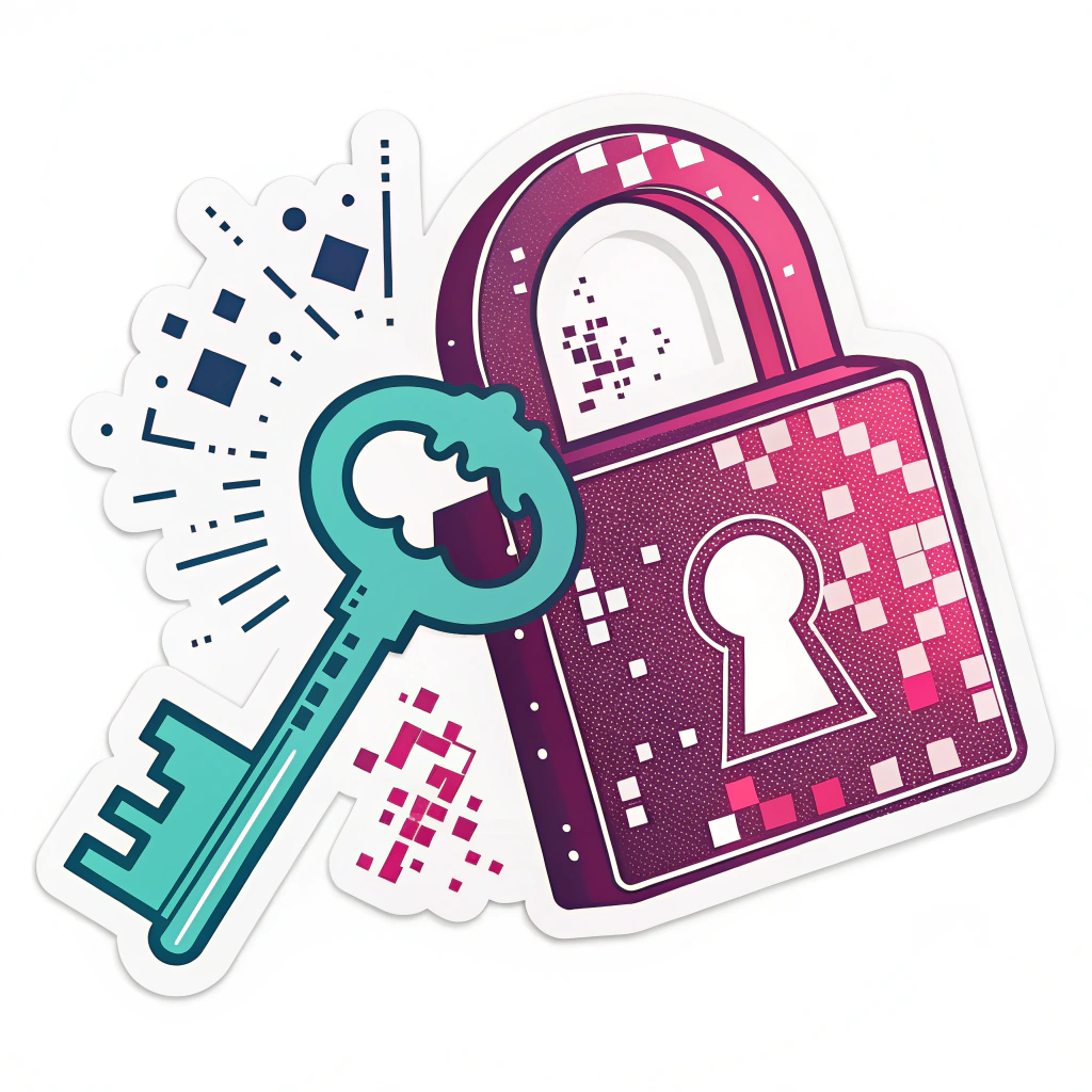 Glitch Art Lock & Key Sticker: A lock and key icon with a deliberate 'glitch' effect, using pixelation and color shifts (e.g., magenta, cyan). This could represent the fight against cyber threats or system vulnerabilities.