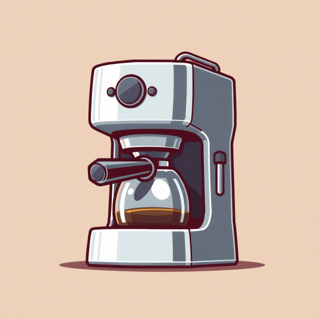 The image is an illustration of a coffee machine. It is a modern and sleek design with a silver body and a black handle on the top. The machine has a large window on the front, which allows natural light to enter the room. On the right side of the machine, there is a small handle for pouring the coffee into a glass jar. The jar is filled with a dark liquid, which appears to be freshly brewed coffee. The background is a light peach color, making the machine stand out.