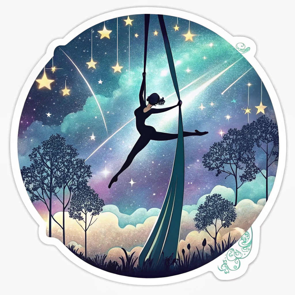 Aerialist performer silhouette (on silks or hoop) suspended against a fantastical, illuminated EDC sky (e.g., cosmicMEADOW backdrop) with glowing stars, lasers, or aurora-like effects.