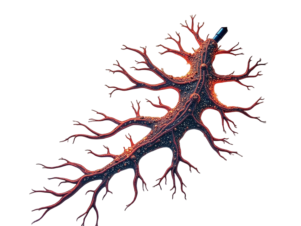 Neural network morphing into circuits: Illustrate organic neurons with their dendrites and axons gradually transforming into digital circuit pathways, nodes, and light-emitting components, symbolizing the transition or blend.