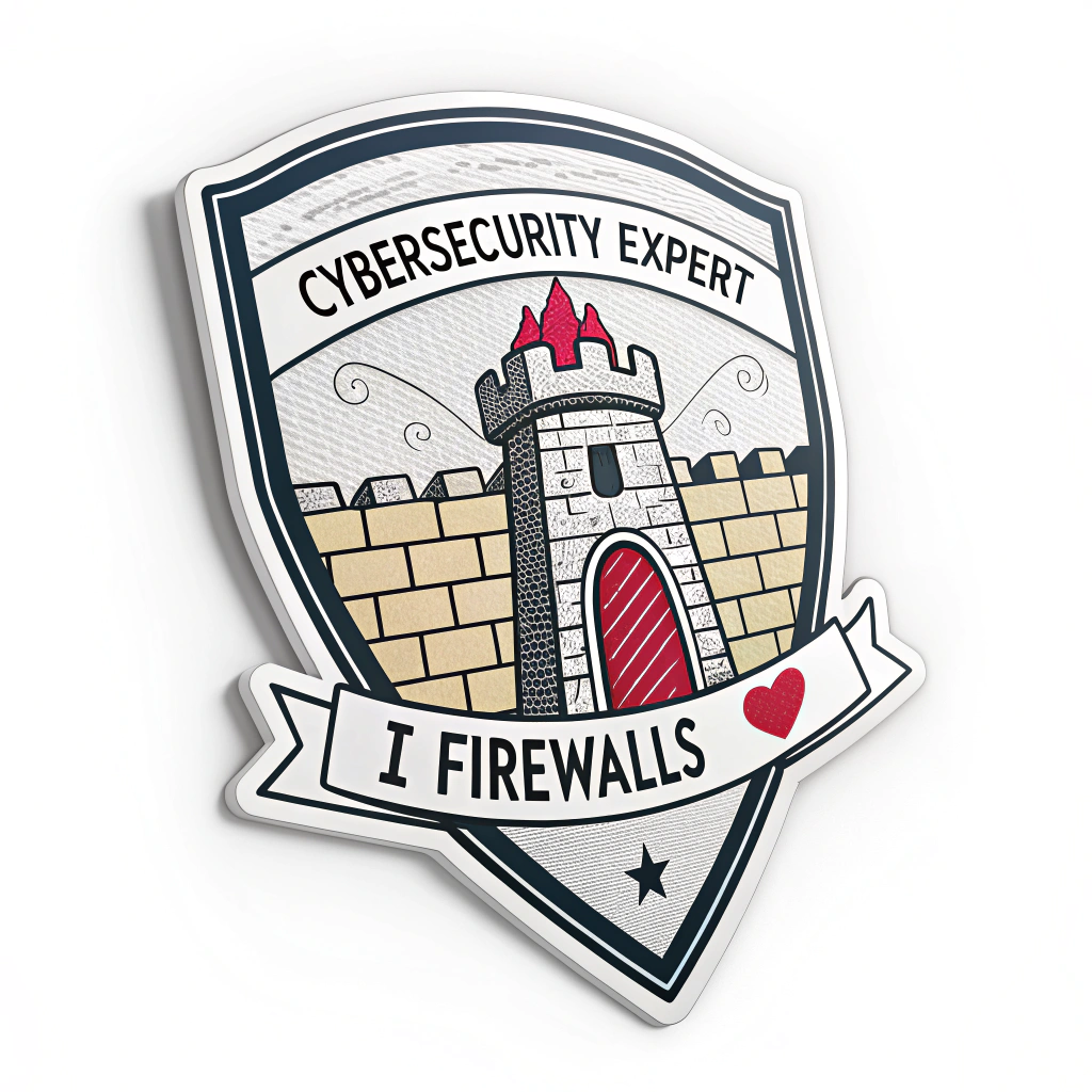Classic Defender Badge: A shield-shaped or circular badge featuring a stylized brick wall. 'CYBERSECURITY EXPERT' is arched above, and 'I ❤️ FIREWALLS' (with a prominent red heart icon) is displayed below, possibly in a banner. Clean lines, metallic or primary colors.