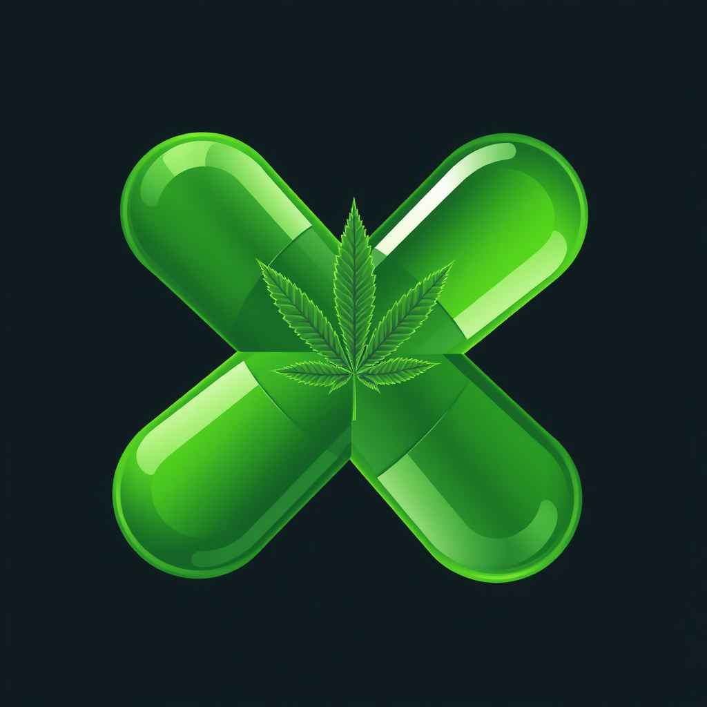 A sleek, modern green cross formed by four distinct, pill-shaped segments converging at the center. One of these segments subtly features an embossed cannabis leaf texture, creating a sophisticated focal point.