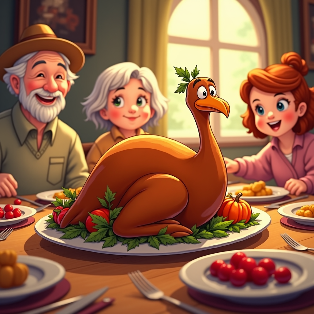 A cheerful cartoon turkey, perfectly roasted and surrounded by sprigs of fresh parsley, is the centerpiece of a festive table. Various family members of different generations are visible, with an elder wearing a round hat and a young child reaching for a bowl of cranberry sauce, encapsulating the warmth and tradition of Thanksgiving.