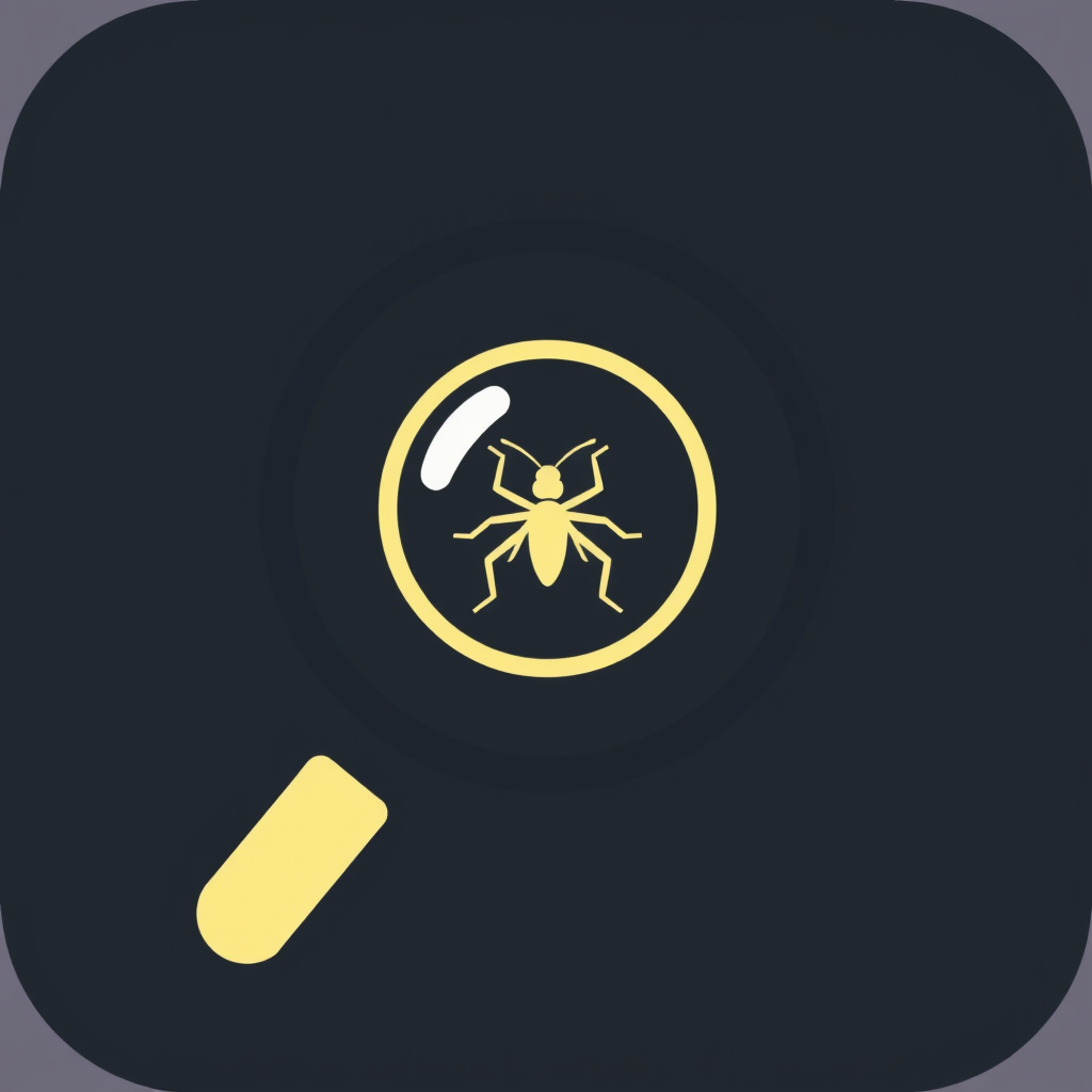 A minimalist magnifying glass icon with a tiny, distinct bug centered directly within its circular lens.
