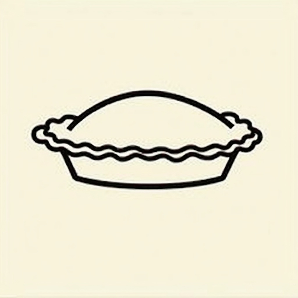 A single, thin black line forming the outline of a whole pie with simple crimped edges, centered on the shirt.