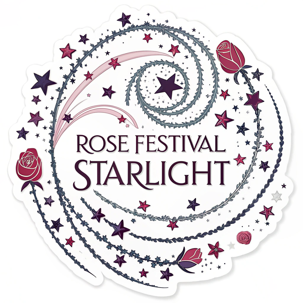 Sub-design Idea 5: An abstract design featuring a swirling pattern of stars and rose petals, perhaps forming a loose spiral, with the words 'Rose Festival Starlight' artfully placed within the swirl.