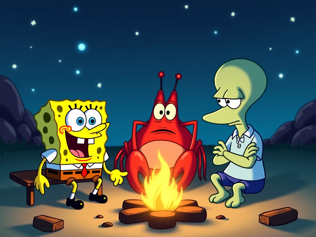 SpongeBob sitting by a campfire with Mr. Krabs and Squidward, telling scary stories under the starry Bikini Bottom sky.