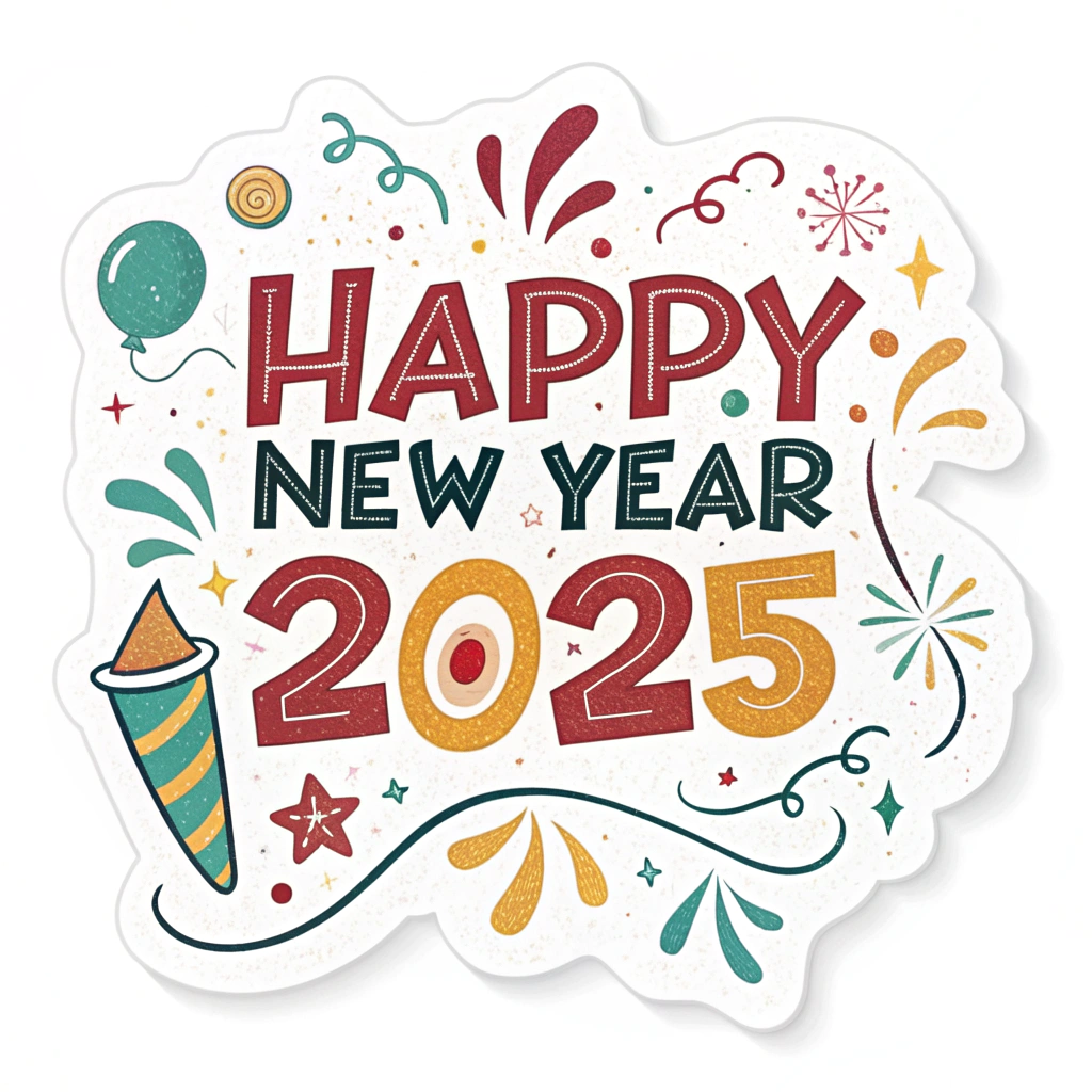 The image shows a poster with the words Happy New Year 2025 written in bold, colorful letters, surrounded by a festive design of colorful balloons, confetti, and streamers, creating a cheerful atmosphere to celebrate the start of a new year.