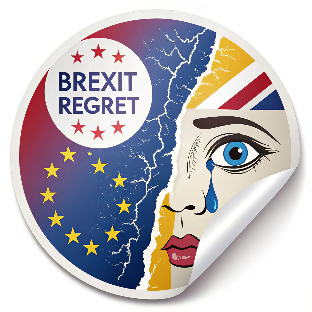 Create a sticker that visually contrasts a pre-Brexit Europe with a post-Brexit one. On one side, depict a thriving, colorful European Union, and on the other, a faded or fractured representation. Use the phrase 'Brexit Regret' prominently, perhaps with a weeping eye icon, to convey a sense of loss and disappointment.