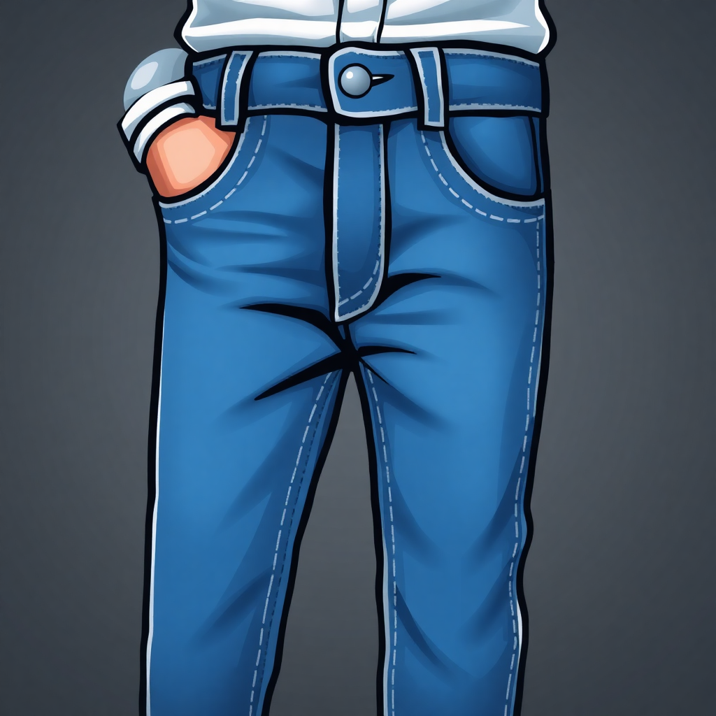 The image is a digital illustration of a pair of blue jeans. The jeans are high-waisted and have a slim fit. The waistband is adjustable with a silver buckle and there is a small pocket on the left side of the waistband. The legs of the jeans are slightly tapered and the jeans appear to be made of a denim-like material. The background is a plain grey color. The image is animated, giving the impression that the person is standing with their legs slightly apart.