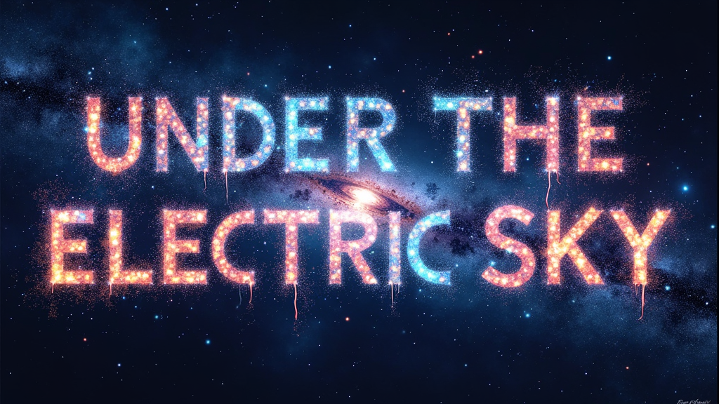 Cosmic Lettering: The phrase 'Under the Electric Sky' is formed by dense star clusters and faint nebulae. Each letter could be a window into a different part of a vibrant, stylized galaxy. The overall feel is vast and magical.