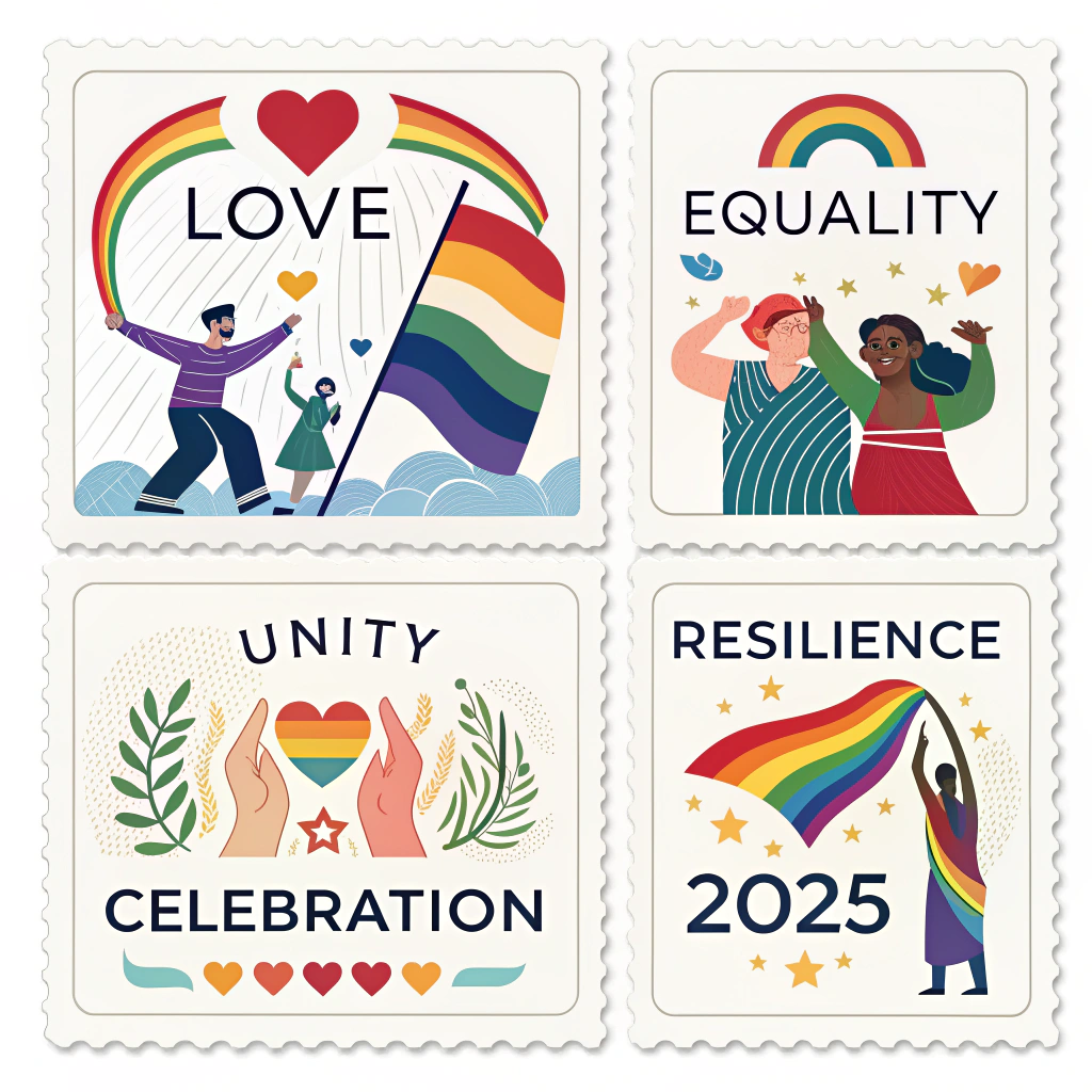 Sub Design Idea 3: Pride Values Stamp Series - A sticker sheet with multiple smaller, individual stamps, each representing a core Pride value (e.g., Love, Equality, Unity, Resilience, Celebration) using distinct Pride flag color palettes and relevant iconography, all dated '2025'.