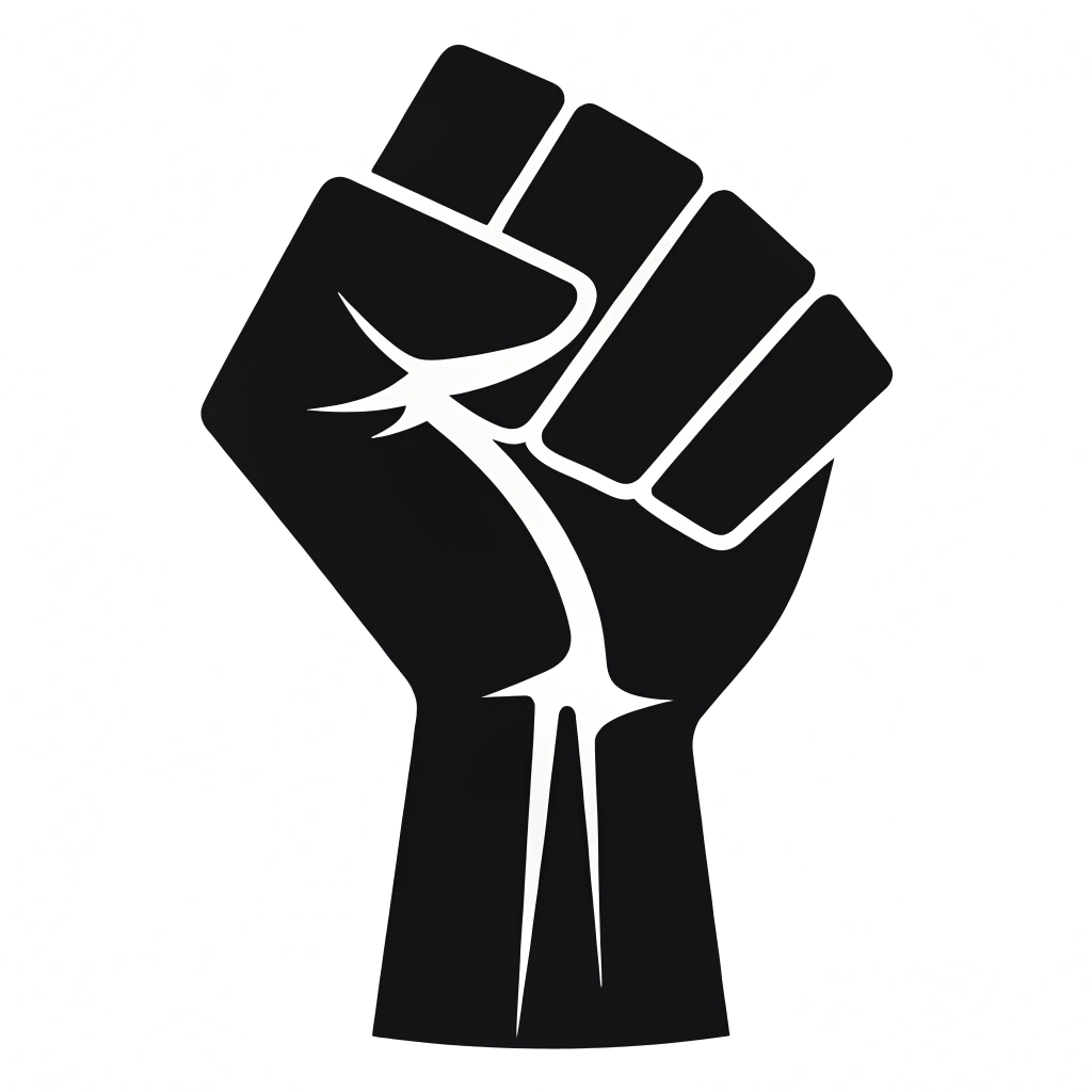Simple Icon Idea: A highly stylized, minimalist icon of a clenched raised fist. It should be a bold, easily recognizable silhouette, suitable for small sticker sizes and quick visual impact. Could be a solid fill or a strong outline.