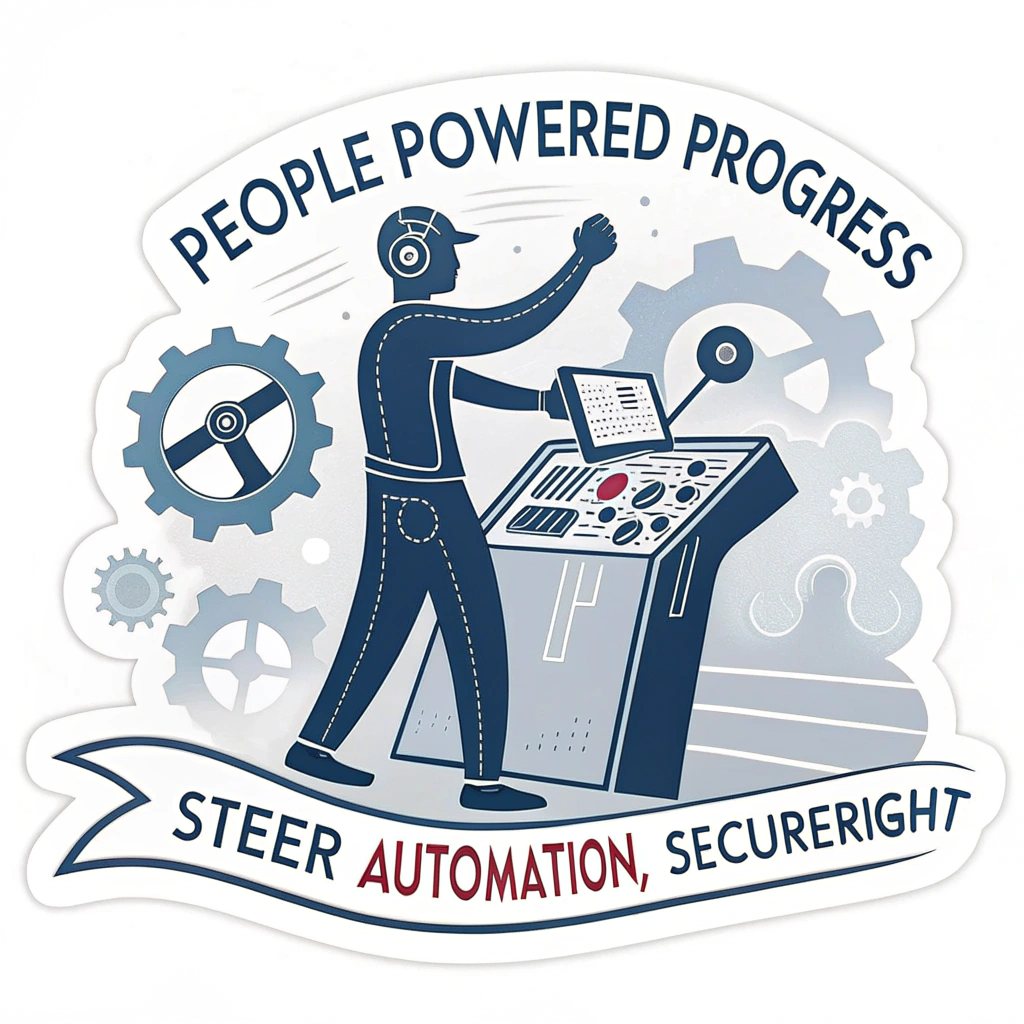 Worker at the Helm of Automation: A human silhouette confidently operating a futuristic control panel or interface connected to subtle gear/robotic arm motifs. Text suggestion: 'People Powered Progress' or 'Steer Automation, Secure Rights'.