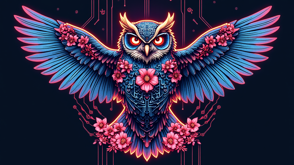 A stylized, geometric representation of the iconic Kinetic Field owl, integrating neon circuit patterns and blooming flowers, with 'Kinetic Field' subtly woven into the artwork.