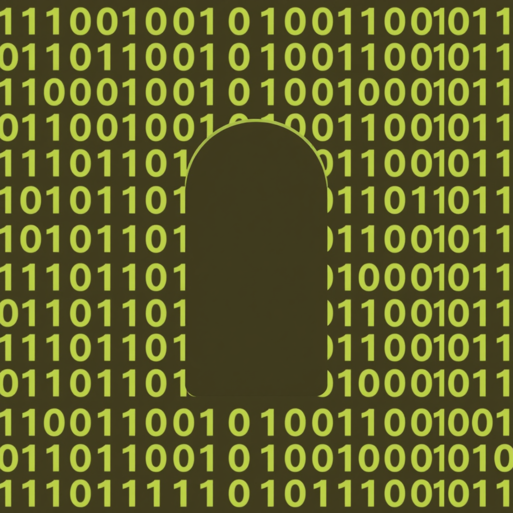Binary Code Keyhole: The keyhole shape is created using negative space within a pattern of binary code (0s and 1s). The 'lock' could be a distinct, solid frame around this binary field, or the binary digits themselves densify around the keyhole to form a protective barrier.