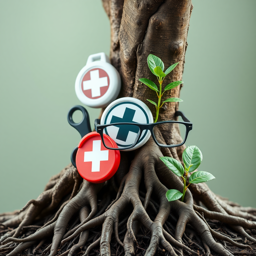 Show tree roots gently wrapping around iconic safety equipment (e.g., a first-aid cross, safety glasses). Add small green leaves sprouting from the roots to emphasize health, well-being, and a thriving work environment.