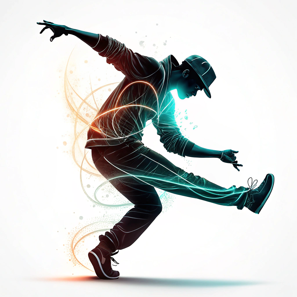 Dynamic dancer silhouette (e.g., shuffler, glover) captured mid-motion, with their form traced by glowing light trails or bioluminescent particle effects, emphasizing movement and energy.