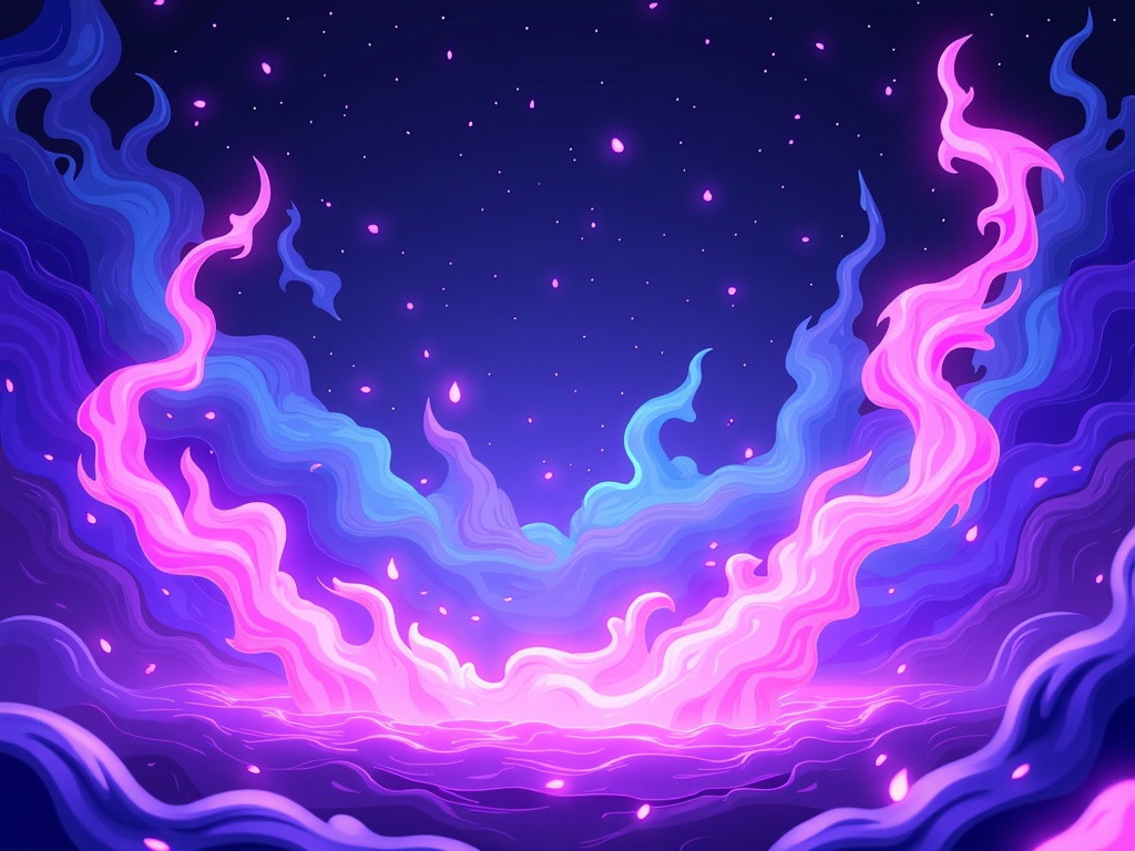 The image is an abstract digital art piece with a dark blue background. The background is filled with small pink and purple dots, creating a starry night sky. In the center of the image, there is a large wave-like structure that appears to be floating in the air. The wave is made up of different shades of blue and pink, with the blue on the left and the pink on the right. The blue wave is curved and wavy, while the pink wave is straight and has a smooth texture. The overall effect is a vibrant and dynamic composition that is reminiscent of a fantasy or sci-fi scene.