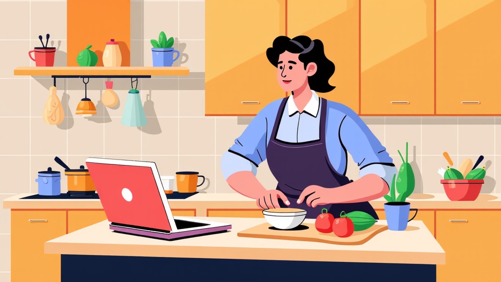 Sleek and streamlined, the flat design laptop is propped open on a kitchen island while a person prepares a meal, watching a cooking tutorial streaming on the screen.