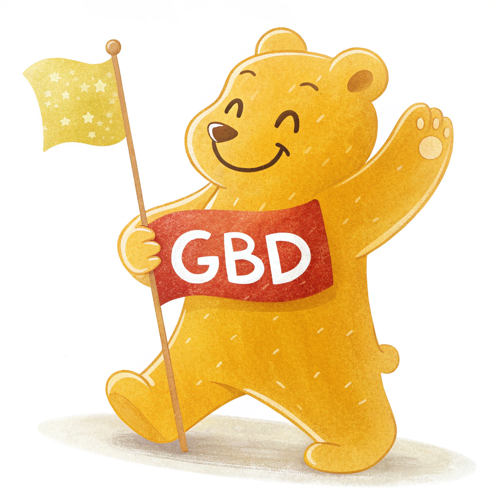 Simple Icon Idea: A single, cheerful, brightly colored gummi bear silhouette, possibly with a tiny smile or holding a small flag that says 'GBD' for Gummi Bear Day.