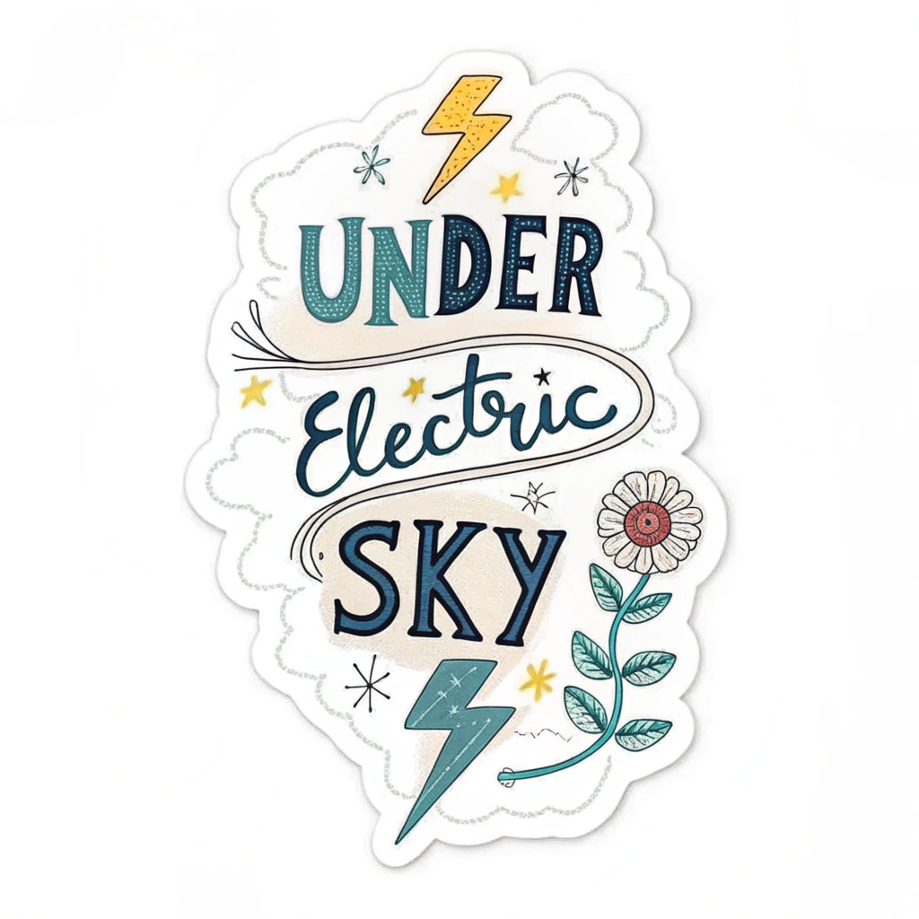 Simple Typographic Quote Lockup: A sticker primarily focused on a dynamic typographic treatment of the quote 'Under the Electric Sky.' The words 'Electric Sky' are emphasized with a crackling, energized font or highlighted with neon colors, possibly with subtle lightning bolt accents. 'Under the' is in a complementary, simpler font. A small, stylized daisy icon could be integrated as a decorative element or endpoint for the quote.