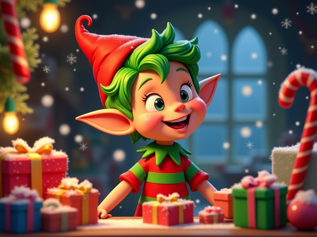 The image is a digital illustration of a Christmas elf standing in front of a window with a Christmas tree and presents. The elf has green hair and is wearing a red and green striped outfit with a red hat. It has a big smile on its face and is holding a candy cane in its right hand. The background is dark blue with white snowflakes falling from the sky. There are several gift boxes scattered around the elf, some of which are wrapped in colorful paper and tied with ribbons. The overall mood of the image is cheerful and festive.