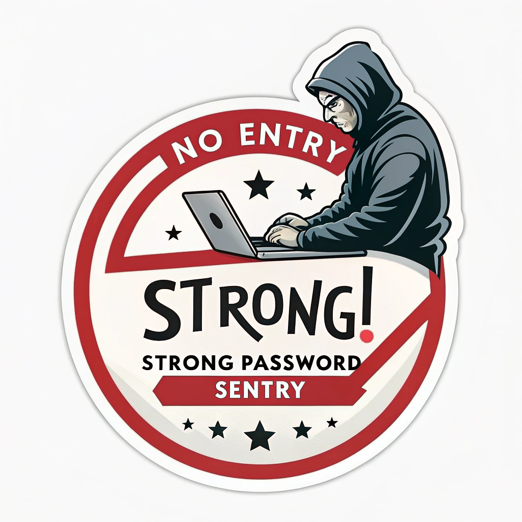 A 'No Entry' or 'Access Denied' sign, but creatively adapted: the central bar of the 'No Entry' symbol is a series of strong password characters (e.g., 'S7r0ng!'), and a hooded hacker silhouette is shown being repelled. 'Strong Password Sentry' text included.