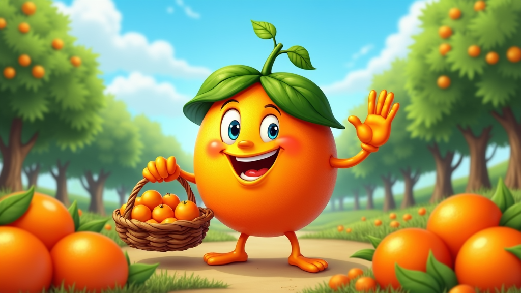 The image is a cartoon illustration of an orange character in an orange grove. The character has a big smile on its face and is holding a basket of oranges in its left hand. It has two green leaves on its head and is waving its right hand in a friendly gesture. The background shows rows of orange trees with ripe oranges hanging from their branches. The ground is covered in green grass and there are more oranges scattered around. The sky is blue with white clouds. The overall mood of the image is cheerful and happy.