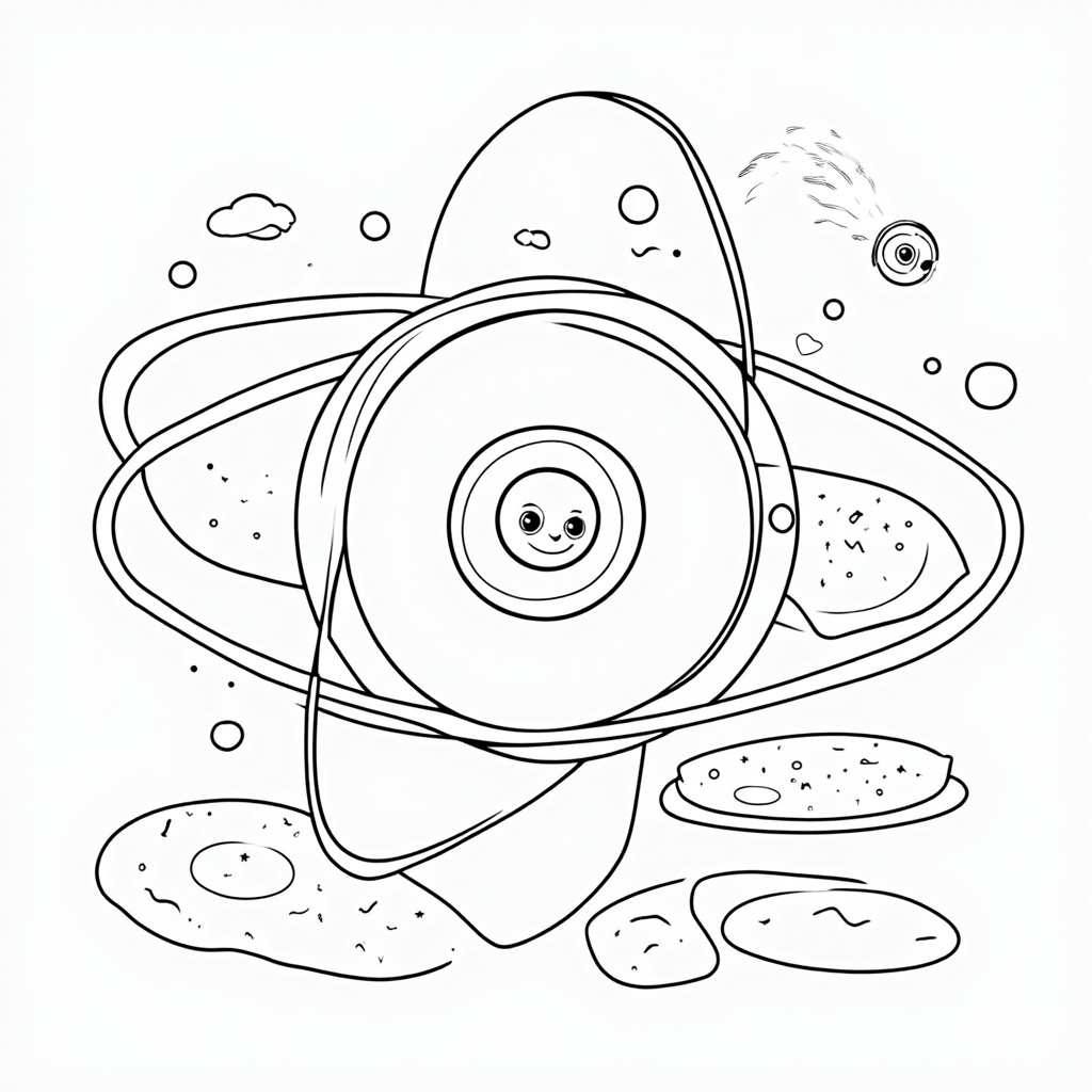 Stepping Stone Energy Levels: Illustrate an atom as a central nucleus with electrons navigating a series of floating 'stepping stones' representing discrete energy levels. Show an electron mid-jump between stones, emitting or absorbing a colorful, distinct 'energy packet' (photon). Kids can color the electron, stones, nucleus, and the energy packet.