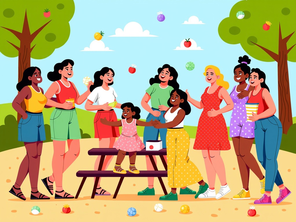  a group of nine young women standing around a picnic table in a park. They are all smiling and appear to be having a good time. The table is set up under a tree with apples hanging from its branches. There are two girls sitting on the bench, one wearing a pink dress and the other wearing a yellow dress. The other girls are standing around the table, one of them is holding a cup of coffee. The background shows a blue sky with white clouds and green trees. The ground is covered in grass and there are several apples scattered around. The overall mood of the image is cheerful and relaxed.